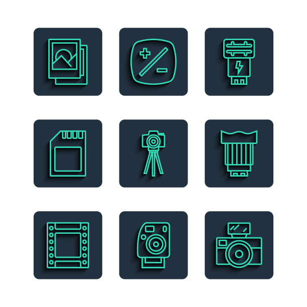 设置线相机卷墨盒，相机，闪光灯，SD卡，框架和照片镜头图标。向量图片下载
