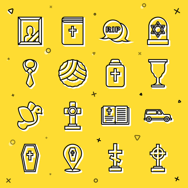 设线坟墓与十字架，灵车，基督教圣杯，演讲泡沫撕裂死亡，纪念花圈，领带，哀悼相框和葬礼图标。向量图片下载
