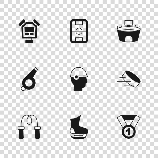 集溜冰鞋，冰球，奖牌，棒球头盔，体育场，秒表，足球场和哨子图标。向量图片下载