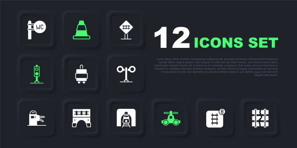 集网上订票，破损或裂纹铁路，行李箱，手扶运输，火车交通灯，火车桥梁，交通锥和隧道标志。向量图片下载