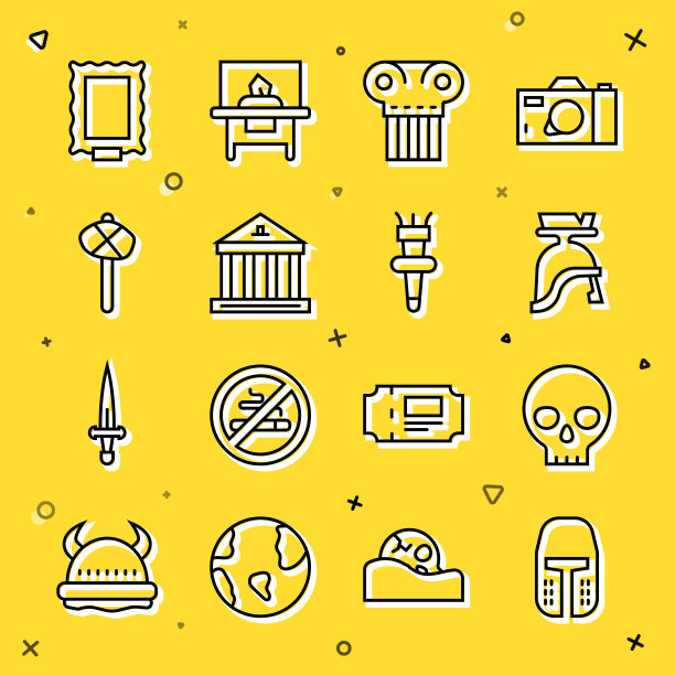 集线中世纪铁头盔，人类头骨，罗马军队，古代圆柱，博物馆建筑，石器时代的锤子，图片和火炬火焰图标。向量图片下载