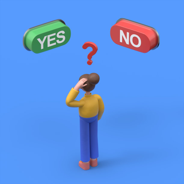 亚洲女性安吉拉在两个刻有“是”和“不是”字样的按钮前处于沉思状态，这不是一个容易的选择。蓝色背景的3D渲染。图片下载