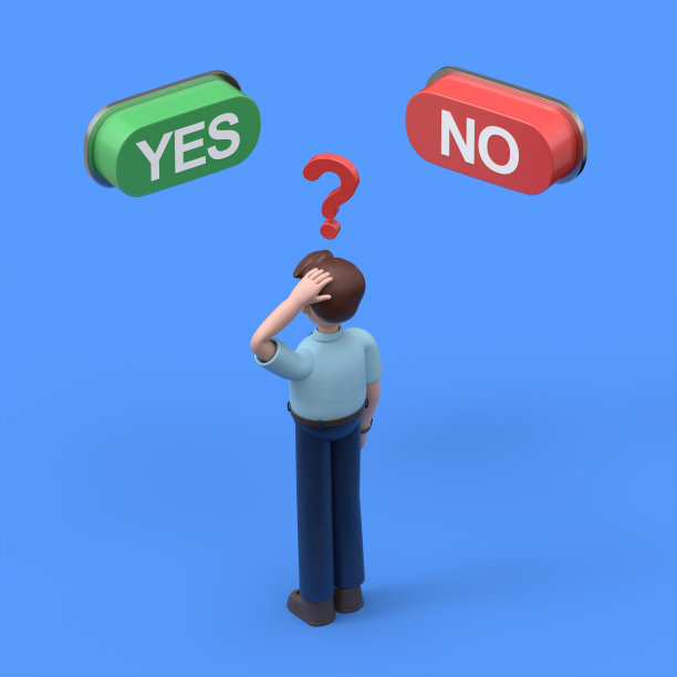 亚洲男子菲利克斯在两个刻有“是”和“不是”字样的按钮前处于沉思状态，这不是一个容易的选择。蓝色背景的3D渲染。图片下载