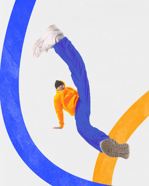 当代艺术拼贴。酷的态度年轻的运动员，嘻哈舞者站在双手和提高长腿。2024年冠军。图片下载