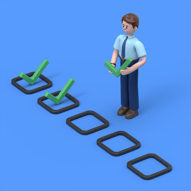 亚洲人菲利克斯在盒子里打勾，测试或计划的3D插图。蓝色背景的3D渲染。图片下载