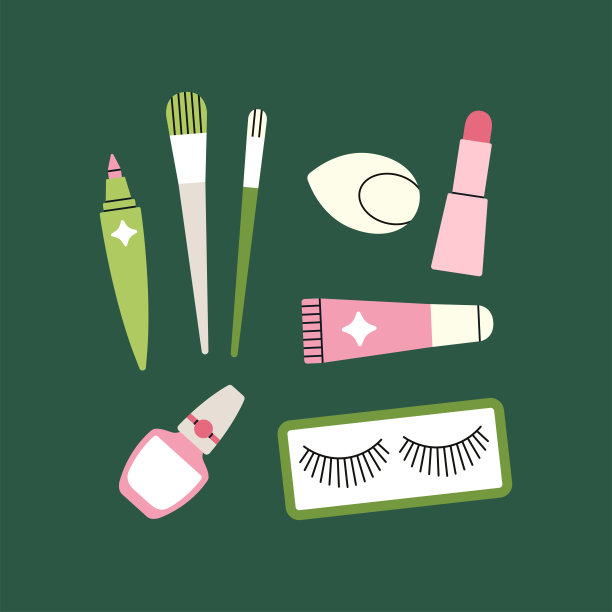 各种美容产品的海报:假睫毛、化妆刷、口红、指甲油、眼线等。图片下载