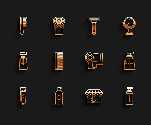 设置线电动剪发器或剃须刀，剃须啫喱泡沫，发刷，理发店建筑，奶油乳液化妆品管，须后水和干燥器图标。向量图片下载