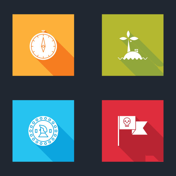 集指南针，热带岛屿在海洋，海盗硬币和旗帜与骷髅图标。向量图片下载