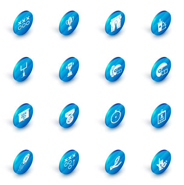 套装奖杯和美式橄榄球、短裤、球票纸、带吸管的玻璃汽水、门柱、规划策略概念、头盔和图标。向量图片下载