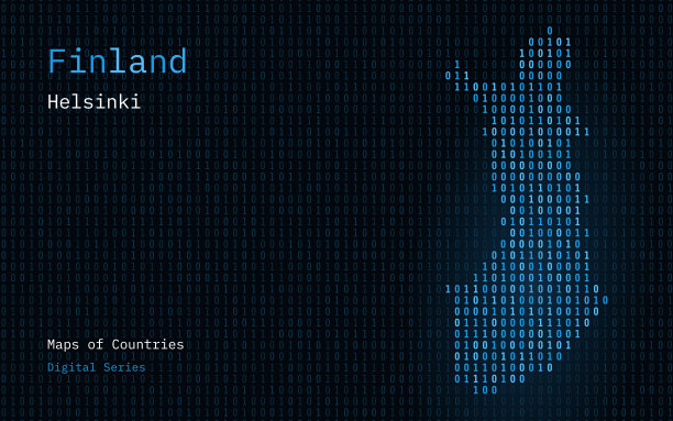 芬兰地图显示在二进制代码模式。矩阵数，0 1。图片下载