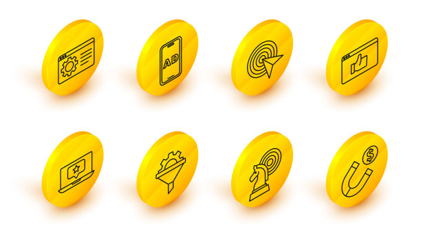 集线磁铁与钱，象棋，销售漏斗齿轮，笔记本电脑星，客户产品评级，目标，广告和浏览器设置图标。向量图片下载