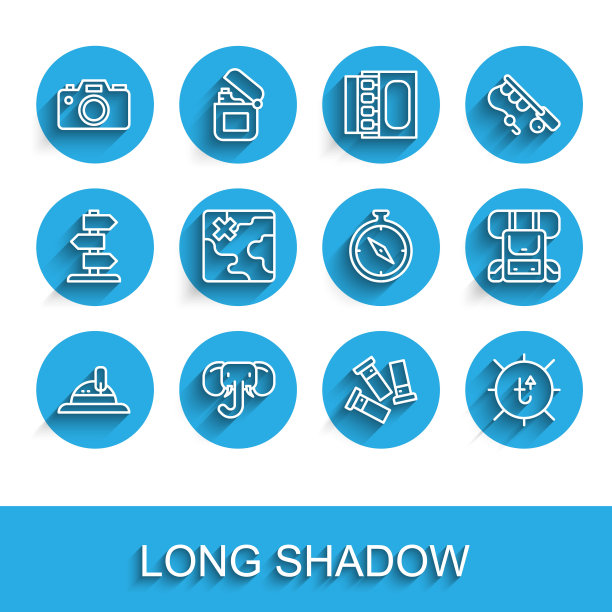 集线猎人帽子，大象，照相机，墨盒，太阳，非洲狩猎地图，徒步旅行背包和指南针图标。向量图片下载