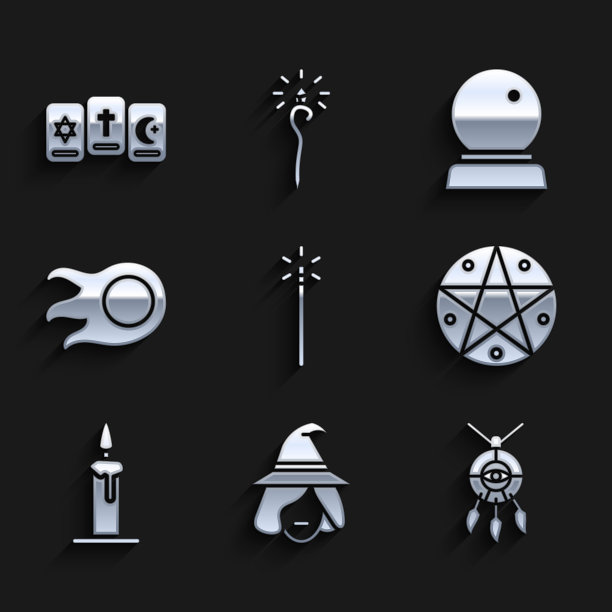 设置魔杖，女巫，带羽毛的捕梦网，圆圈中的五角星，燃烧的蜡烛烛台，火球和三张塔罗牌图标。向量图片下载