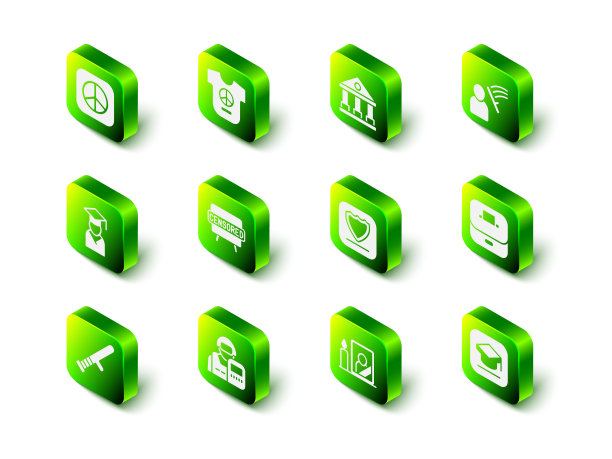 设置和平，法院大楼，警察殴打人类，投票箱，毕业帽，盾牌，哀悼相框和官员图标。向量图片下载