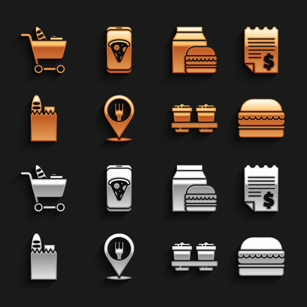设置咖啡馆和餐厅的位置，纸或财务检查，汉堡，咖啡杯去，购物袋食品，在线订购汉堡送货，推车和食品比萨图标。向量图片下载