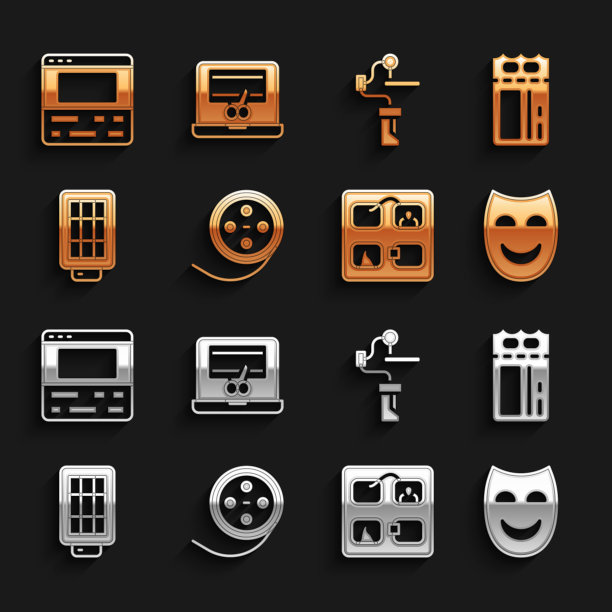 集电影卷轴，电影票，喜剧戏剧面具，故事板，软箱灯，相机万向节稳定器，笔记本电脑录像机和图标。向量图片下载