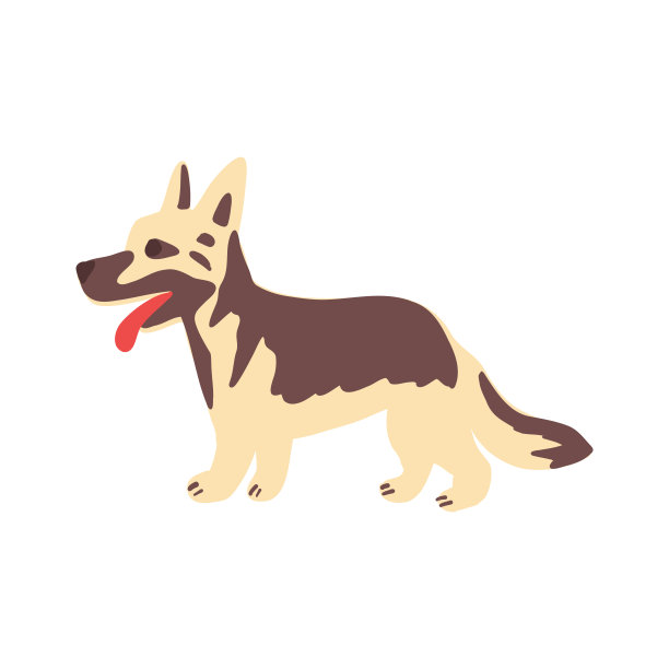 德国牧羊犬伸出舌头矢量卡通平面插图孤立的白色背景，装饰可爱的彩色标志狗为旅游设计，创建动物园字母，动物宝宝图片下载