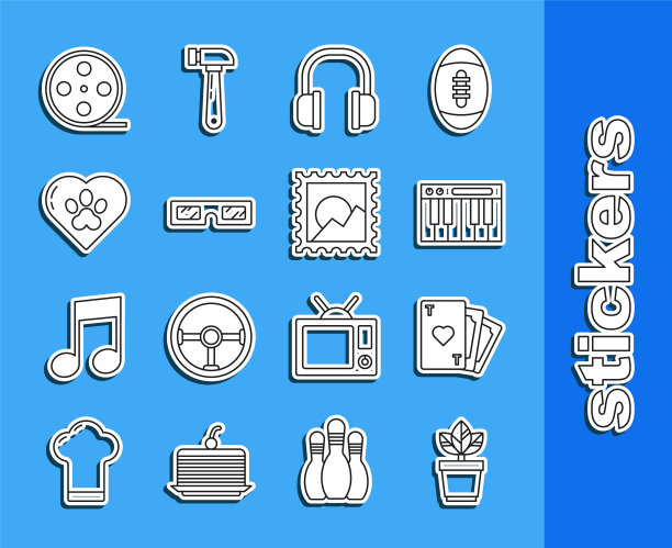 集线花在锅，扑克牌与心脏符号，音乐合成器，耳机，3D电影眼镜，心脏动物足迹，电影卷轴和图片景观图标。向量图片下载