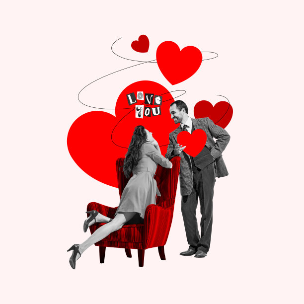 节日和纪念日。男人向女友、妻子示爱。用心卡问候。创意艺术拼贴。情人节图片下载