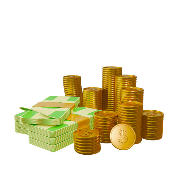 图标或人物在3D动画在商业金融类别。成堆的金币、美元符号和钞票被排列成一堆。在一个白色的背景孤立。三维渲染图片下载
