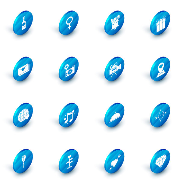 集女性性别符号，铃声，礼盒，信封与情人节的心，世界的爱，照相机，地图指针和电影图标。向量图片下载