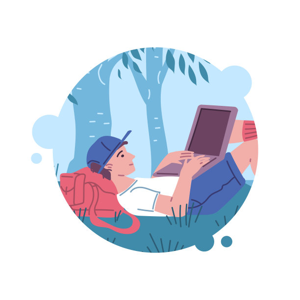自由职业者在户外的笔记本电脑上工作，在树下，矢量插图图片下载