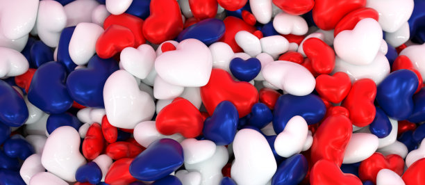 背景充满了蓝色，白色和红色的心- 3D插图图片下载