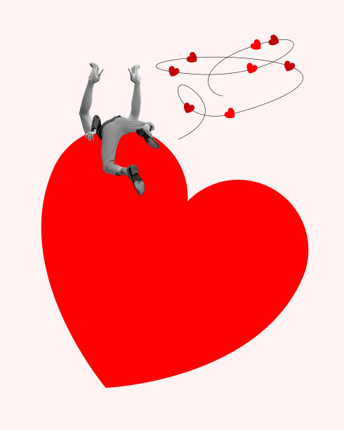 激情。青年男女表达爱意的时候，落在巨人的身后。创意艺术拼贴。情人节图片下载