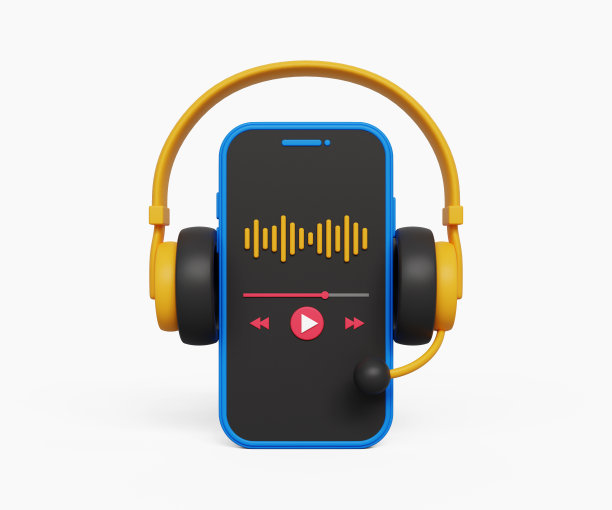 3D音乐流媒体概念。播客收听、娱乐、无线媒体。用耳机在智能手机上播放音乐。三维演示图片下载