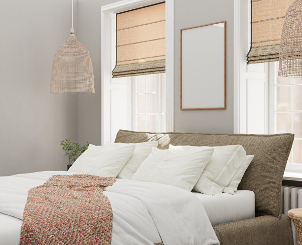 波西米亚舒适的室内风格，卧室房间，框架模型，海报模型插图，3d渲染。图片下载