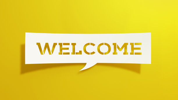欢迎-演讲泡泡。极简抽象设计与白色剪纸在黄色背景。图片下载