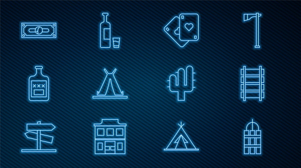 设置线引爆炸药炸弹棒，铁路，铁路轨道，扑克牌，印第安帐篷或棚屋，威士忌酒瓶，堆栈纸币现金，仙人掌和玻璃图标。向量图片下载