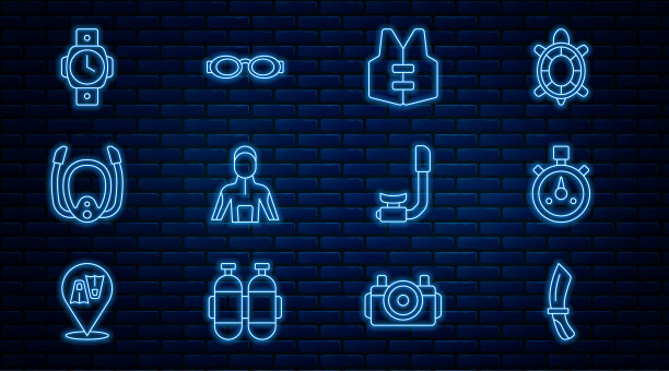 集线潜水刀，秒表，救生衣，潜水潜水潜水服，面罩与浮潜，浮潜和眼镜游泳图标。向量图片下载