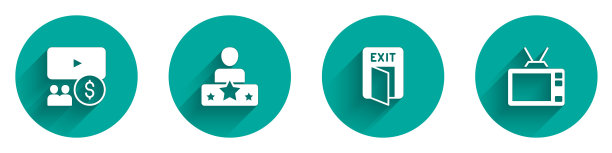 设置影院礼堂屏幕，演员明星，消防出口和复古电视图标长阴影。向量图片下载