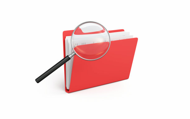 带有放大镜图标的红色文件夹和文档，研究概念对象+阴影路径图片下载