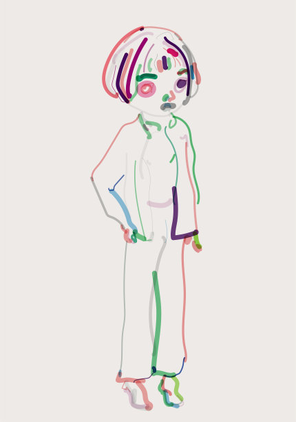 艺术卡通大眼睛少女站立，抽象轮廓水彩肖像图案图片下载