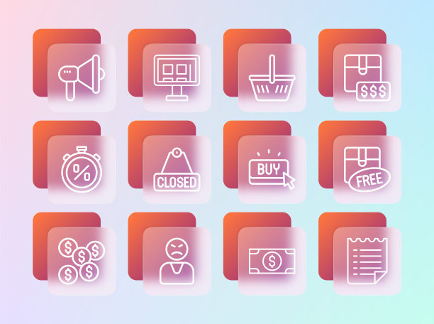 设置线项目价格标签与美元，愤怒的客户，购买按钮，堆栈纸币现金，悬挂标志文字关闭，购物篮，扩音器和网上购物屏幕图标。向量图片下载