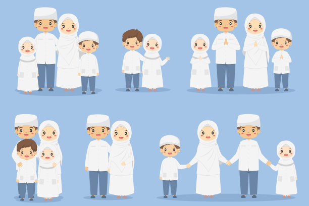 快乐的穆斯林家庭。父和子向量集图片下载