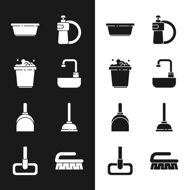 集洗脸盆水龙头，桶肥皂泡沫，塑料，洗洁精瓶和盘子，簸箕，橡胶柱塞，清洁刷和拖把图标。向量图片下载