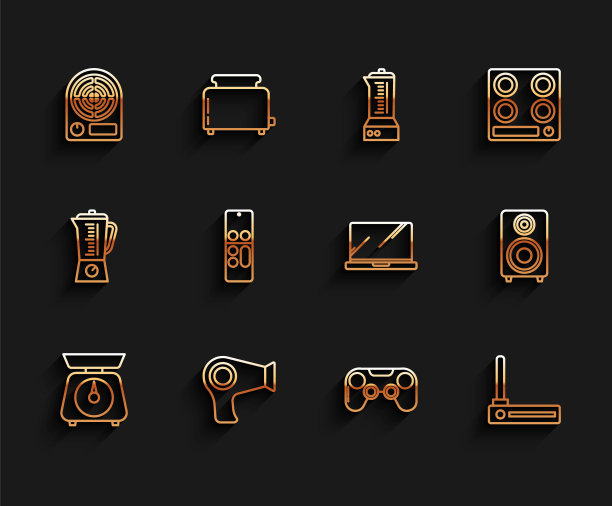 设置线秤，吹风机，电热器，手柄，路由器和wi-fi信号，遥控器，立体声扬声器和笔记本电脑图标。向量图片下载