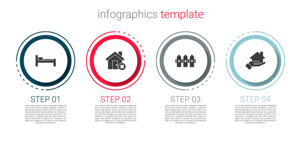 设置床，房子有错误的标志，花园围栏木制和房地产经纪人。业务信息图表模板。向量图片下载