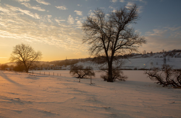 俄罗斯寒冷的冬天。西伯利亚美丽的日出。寒冷的冬天照片。图片下载