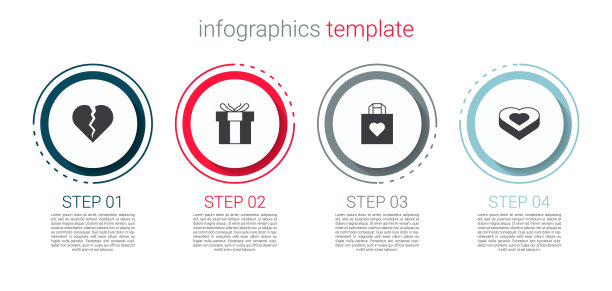 设置心碎或离婚，礼品盒，购物袋与糖果形状。业务信息图表模板。向量图片下载