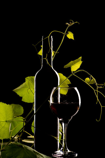 葡萄酒和玻璃，一个美丽的低调的照片，酒瓶和玻璃的剪影，选择性聚焦。图片下载