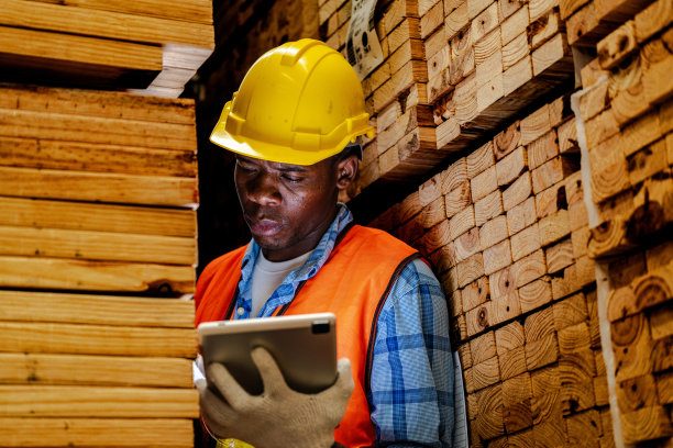 穿着安全制服和安全帽的非洲工人木匠在车间生产中检查木制品的质量。男女工人在黑暗的仓库工业木材。图片下载