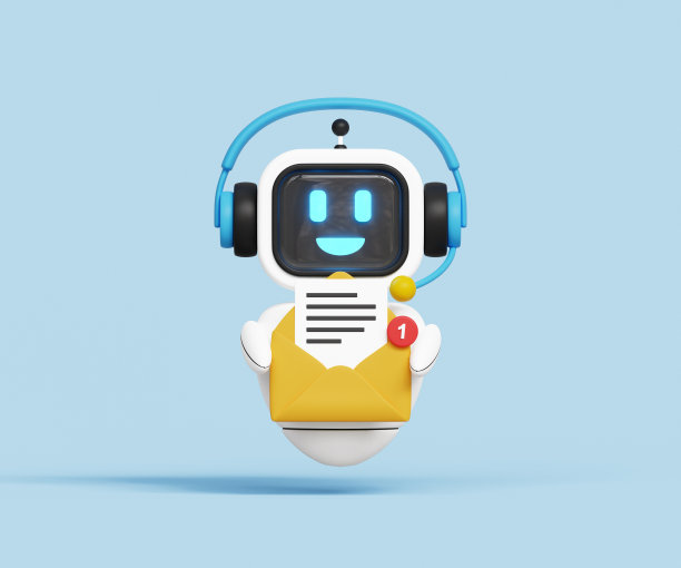 数字人工智能通讯概念。人工智能驱动的电子邮件营销自动化。营销自动化，电子邮件软件，人工智能。手持信封或电子邮件的3D机器人。三维演示图片下载
