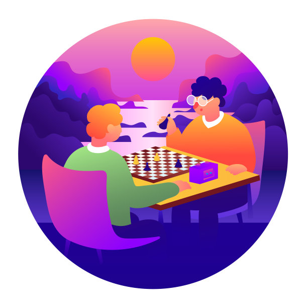 两个人下棋，日落国际象棋和谐，日落国际象棋决斗，景观矢量插图图片下载