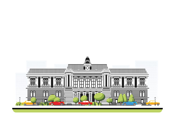 平直风格的市政厅建筑，有树木和汽车。白色背景上孤立的城市景象。城市建筑。图片下载