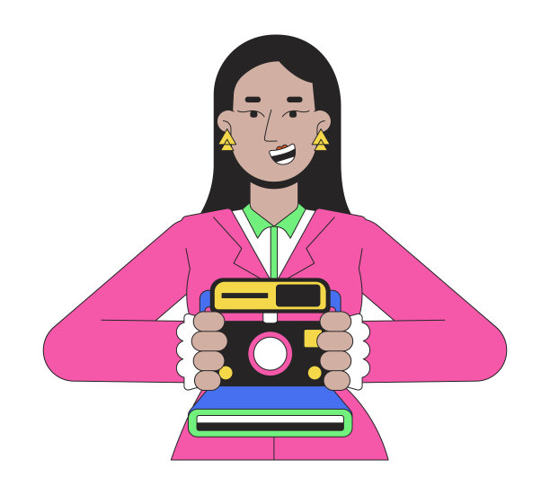 微笑的阿拉伯女性手持即时相机二维线性卡通人物图片下载