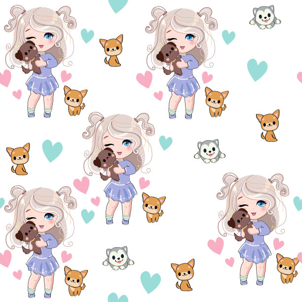 可爱的卡通小女孩在动漫风格与有趣的狗无缝图案。卡哇伊风格。矢量插图t恤印花图片下载
